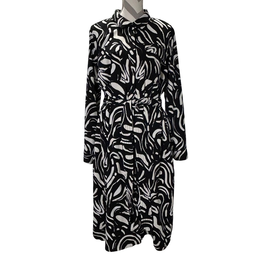 nine west dress black and white Abstract Print Belted Shirt Long Sleeve Midi 3X Size:US 4 / UK 8/ EU 34 winter fashion Black Organic Linen Summer